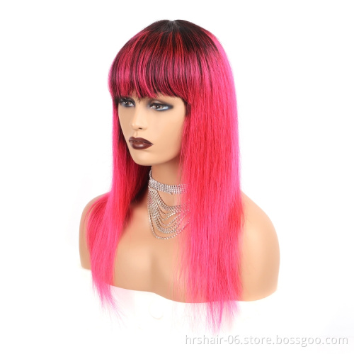 Full Machine Made Wig With Bangs No Lace Human Hair Wigs T1B/Pink Color Straight Human Hair Glueless Wigs